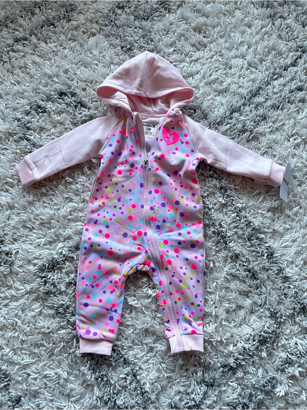 Hurley Baby Girls kids Pink Polka Dot Hooded One-Piece winter jumpsuit size 12M